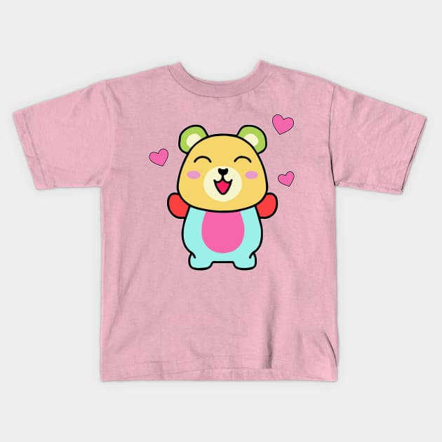 Happy smiling baby teddy bear with love hearts. Kawaii cartoon Kids T-Shirt by SPJE Illustration Photography